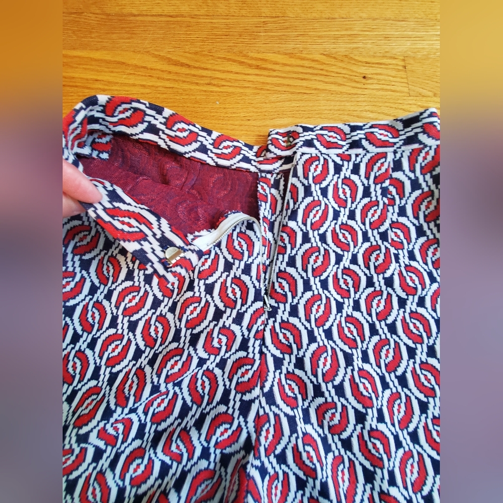Vintage Red Blue & White Patterned Women's 70s Wide Leg Pants - Picture 4 of 9